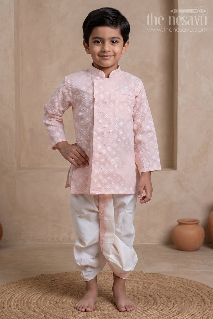 Embroidery Salmon Pink Ethnic Kurta with White Dhoti for Boys