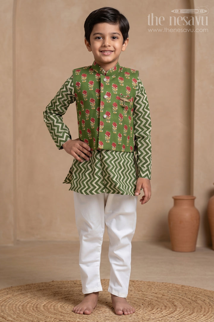 Fashionable Green Zig-Zag Printed Kurta Set with Overjacket for Boys
