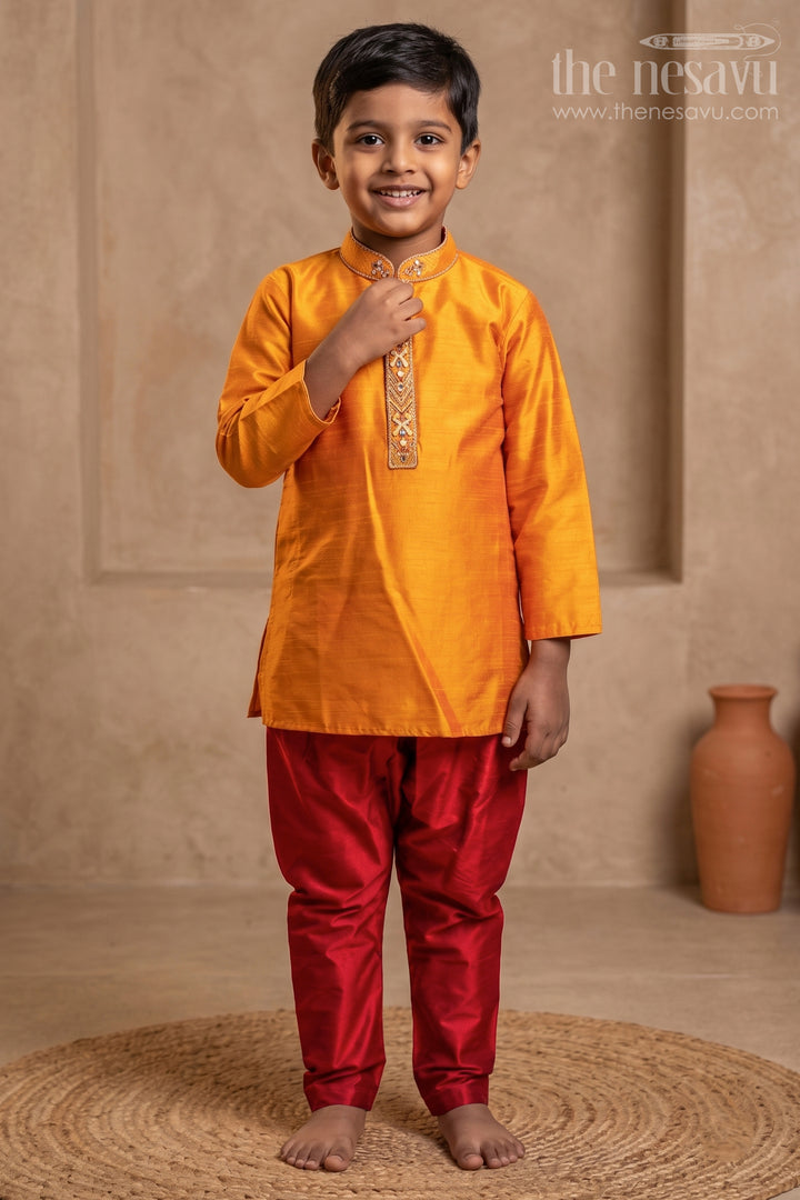 Eye-Catching Golden Yellow Kurta with Cherry Red Pant for Little Boys
