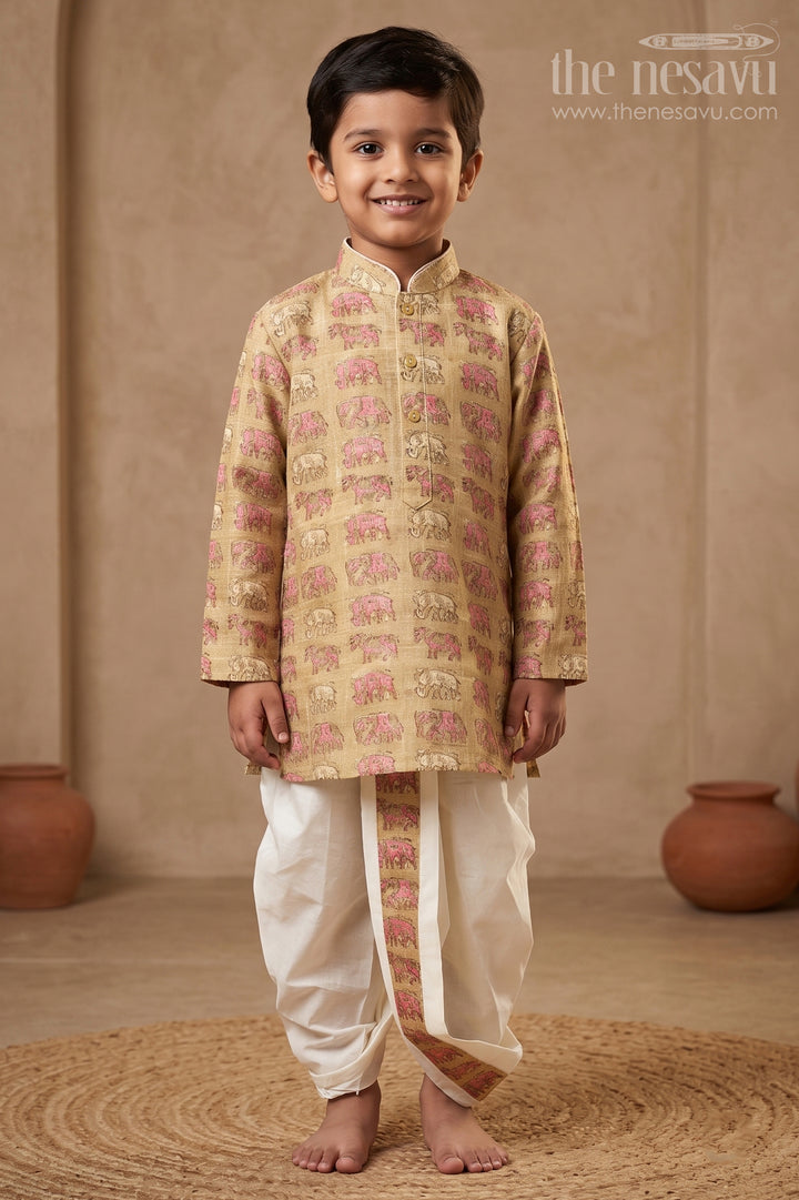 Wild Charm: Green Elephant Print Kurta &amp; Crisp White Panchagajam Ensemble for Boys