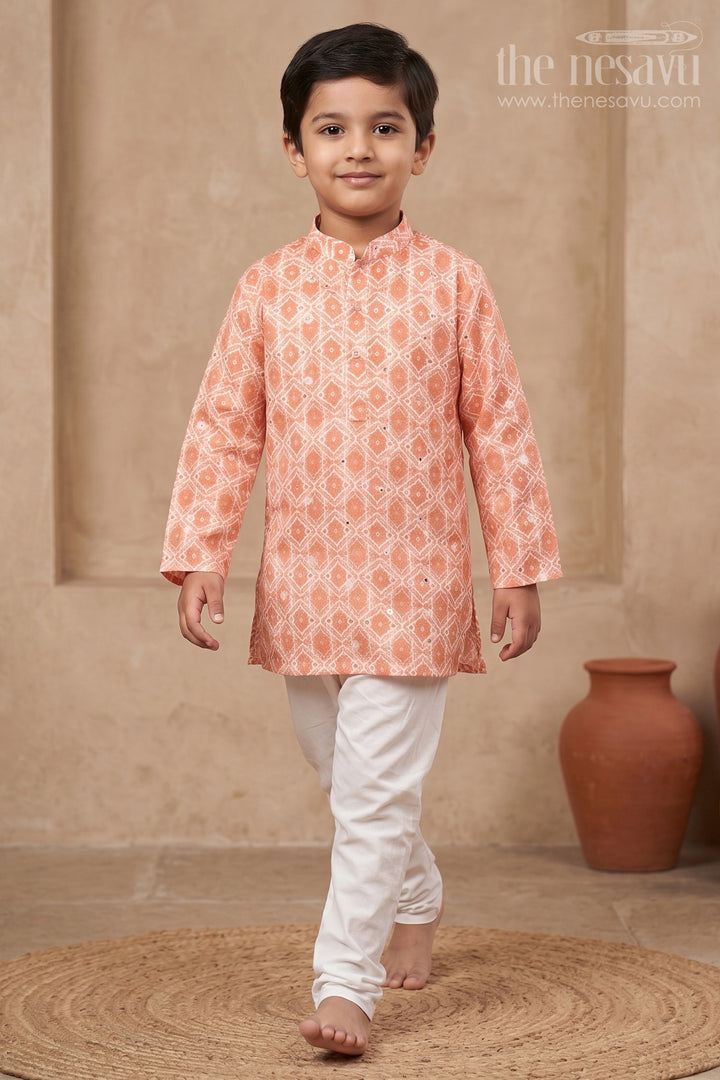 Citrus Charm: Mirror-Embroidered Geometric Printed Orange Kurta Shirt &amp; Pant Set for Boys