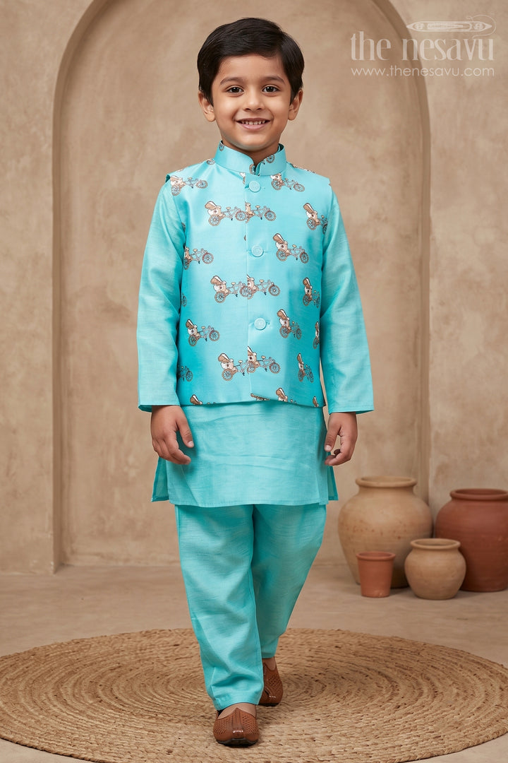 Playful Cartoon Printed Overcoat with Mandarin Collar Blue Kurta Pant Set for Boys