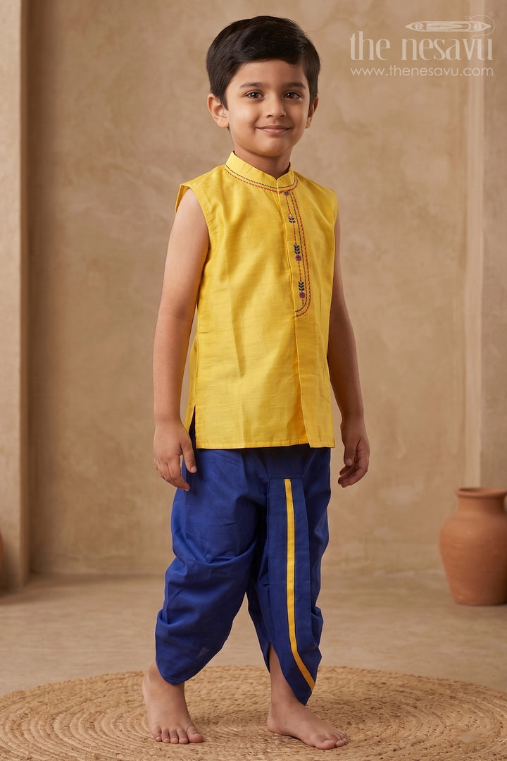Traditional Boys Yellow Kurta with Navy Blue Dhoti Setethnic Panchagajam Ensemble