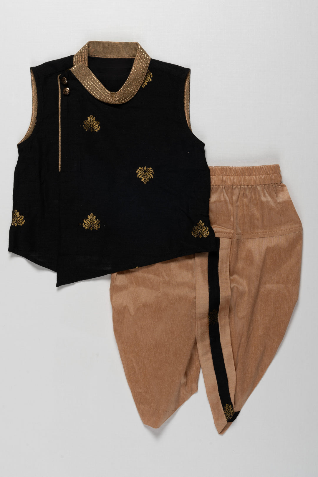 Boys Dothi Set in Silk Blend with Black Sleeveless Kurta and Gold Embroidery Accents for Traditional Charm