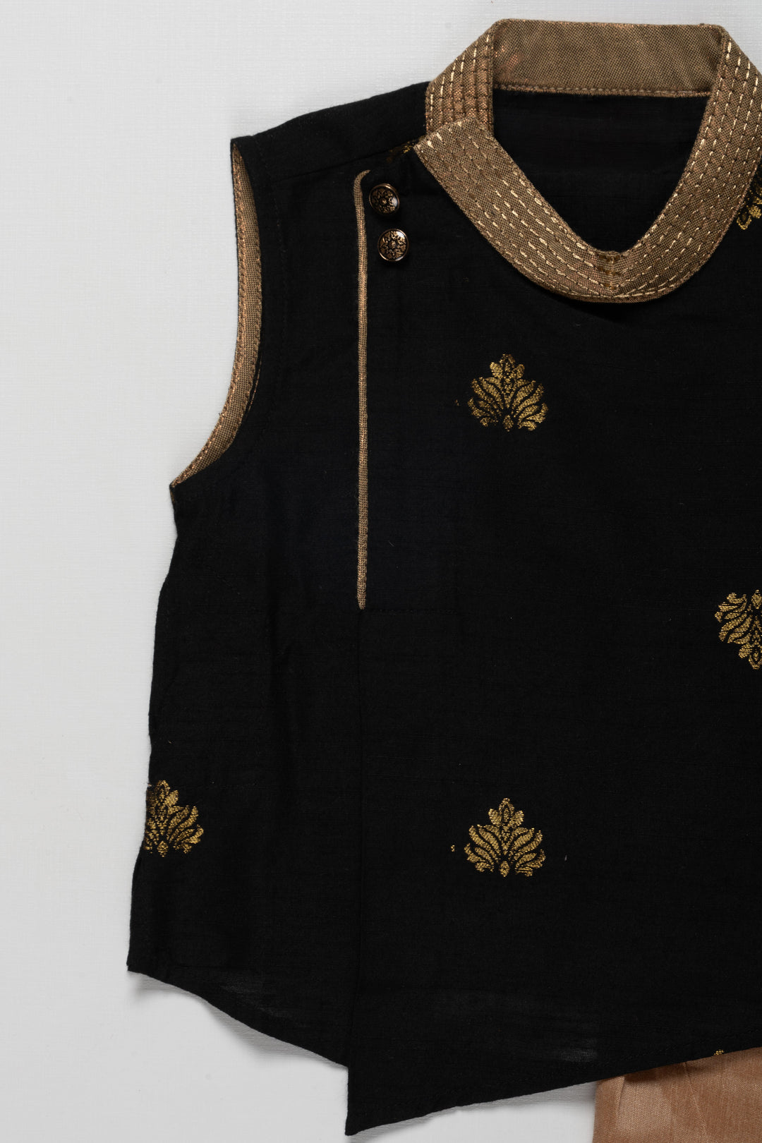 Boys Dothi Set in Silk Blend with Black Sleeveless Kurta and Gold Embroidery Accents for Traditional Charm
