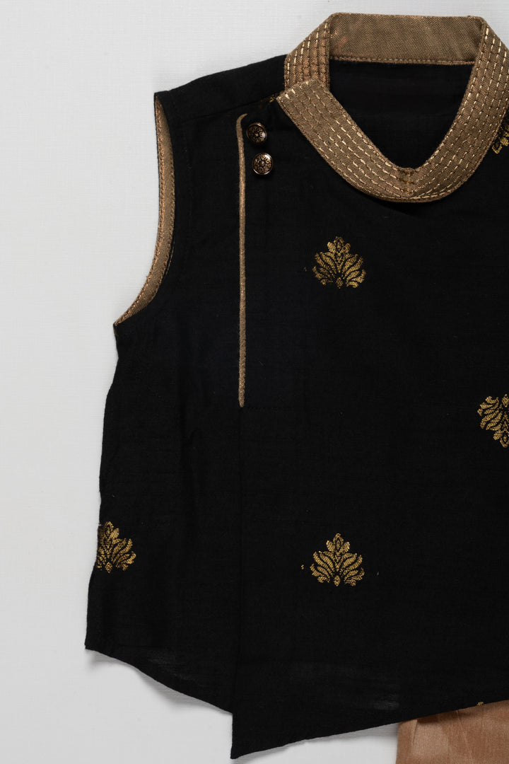 Boys Dothi Set in Silk Blend with Black Sleeveless Kurta and Gold Embroidery Accents for Traditional Charm