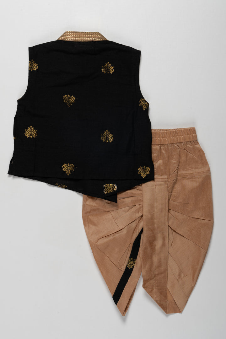 Boys Dothi Set in Silk Blend with Black Sleeveless Kurta and Gold Embroidery Accents for Traditional Charm