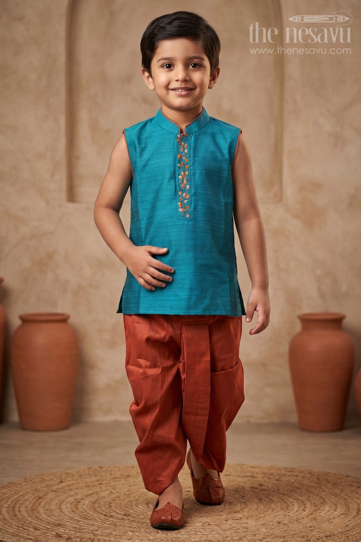 Boys Festive Blue Sleeveless Kurta with Dhoti Ensemble