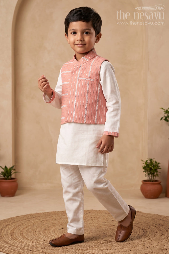 White and Pink Semi-Linen Boys Kurta Jacket Pant Setperfect for Festive and Formal Occasions