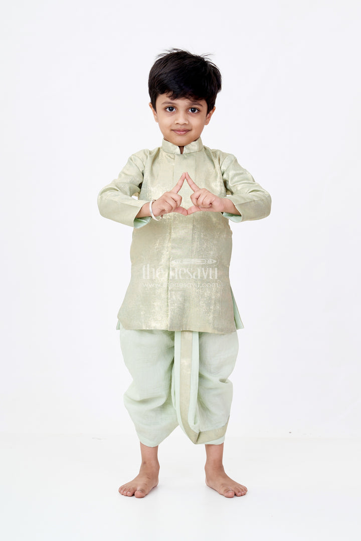 Boys Dothi Set with Gold-Toned Embroidered Kurta and Green Dothi for Traditional Ceremonies