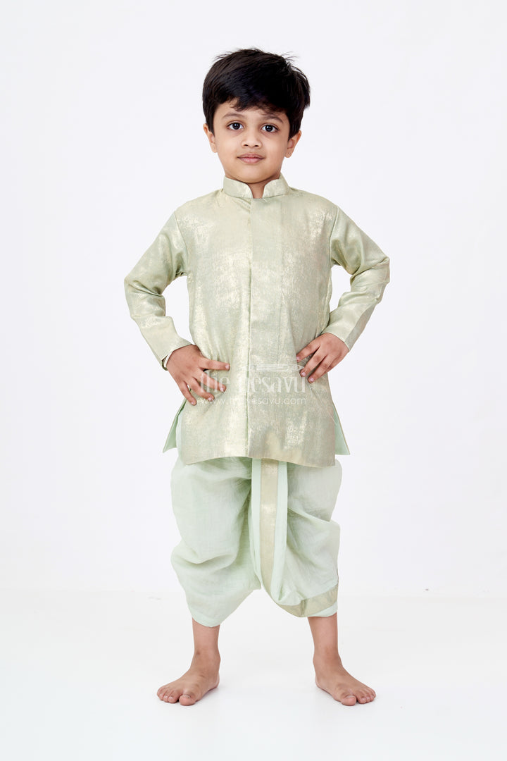Boys Dothi Set with Gold-Toned Embroidered Kurta and Green Dothi for Traditional Ceremonies