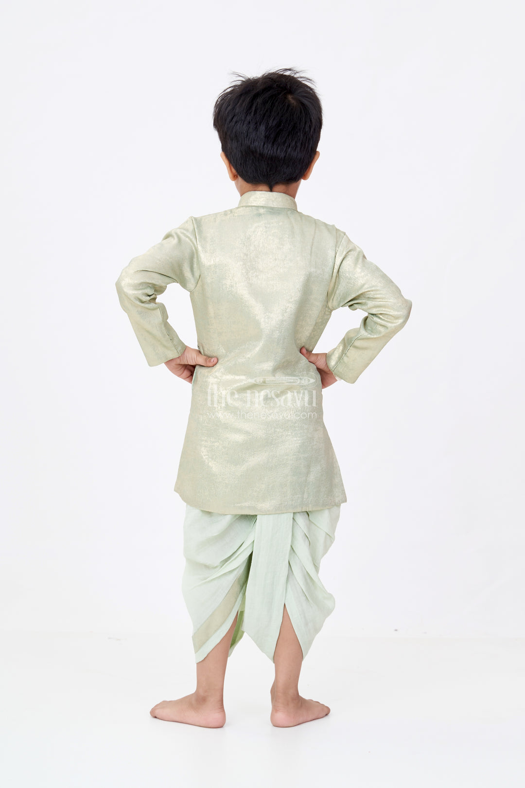 Boys Dothi Set with Gold-Toned Embroidered Kurta and Green Dothi for Traditional Ceremonies