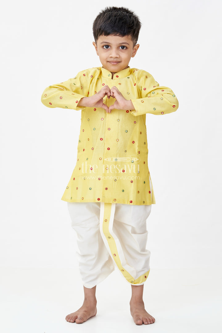 Boys Yellow Dhoti Style Dress in Chanderi with Embroidered Accents
