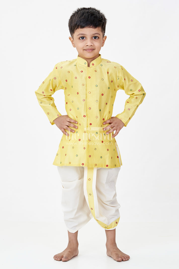 Boys Yellow Dhoti Style Dress in Chanderi with Embroidered Accents