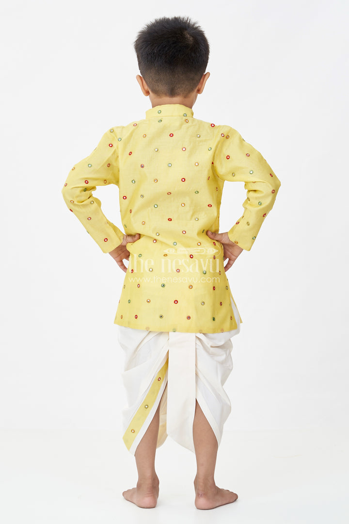 Boys Yellow Dhoti Style Dress in Chanderi with Embroidered Accents
