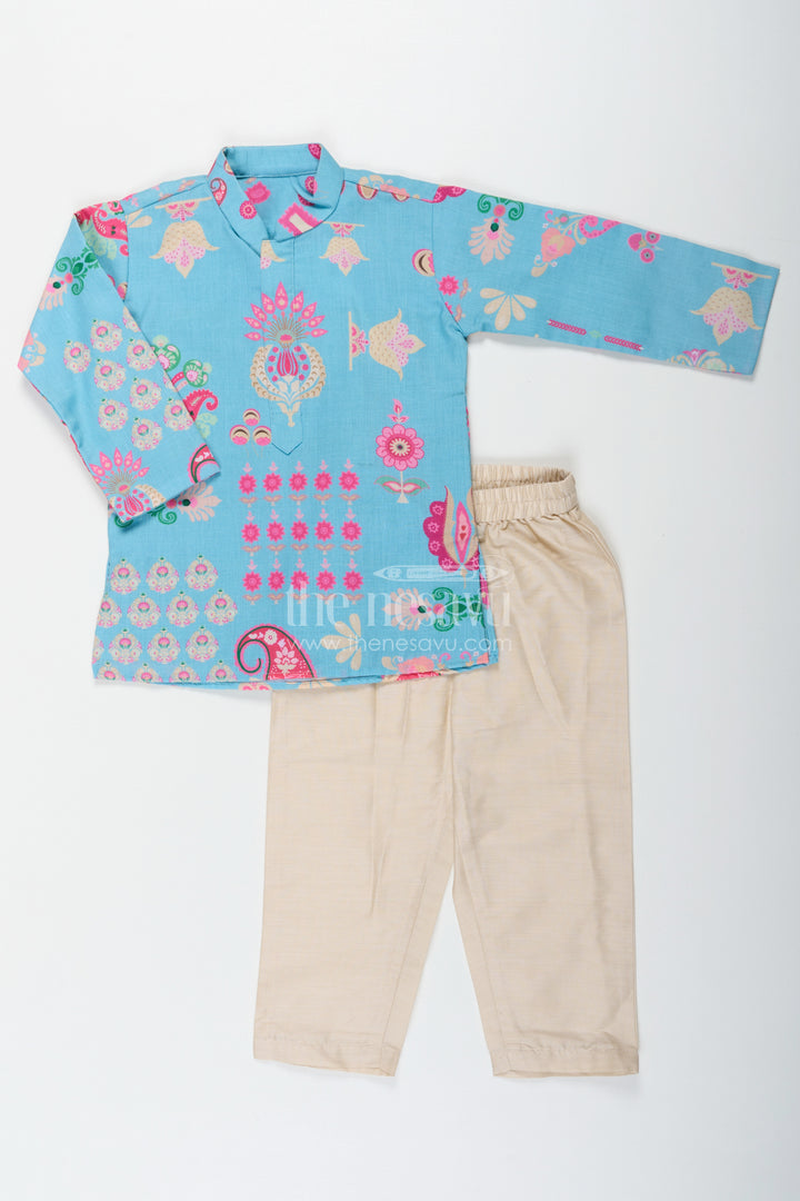 Turquoise Blended Silk Kurta Set for Boys with Floral and Paisley Prints for Traditional Events