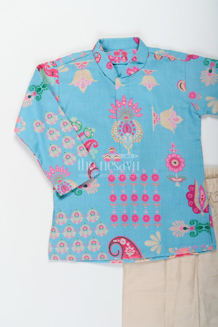 Turquoise Blended Silk Kurta Set for Boys with Floral and Paisley Prints for Traditional Events