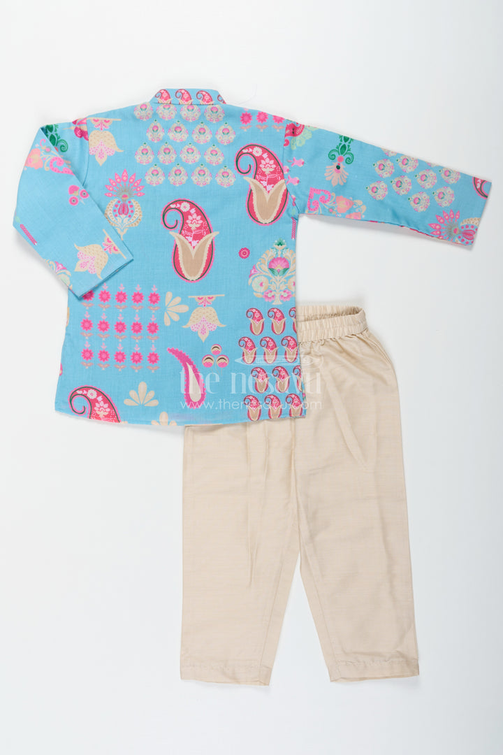 Turquoise Blended Silk Kurta Set for Boys with Floral and Paisley Prints for Traditional Events