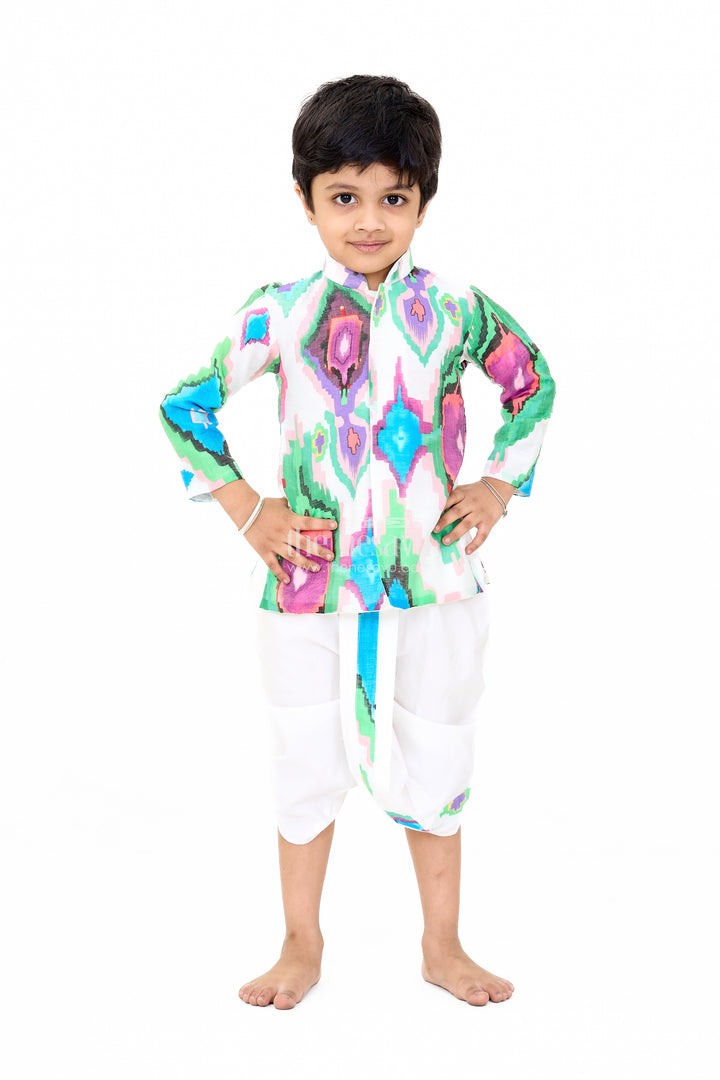 Boys Multicolored Dhoti Kurti Set in Muslin Silk with Vibrant Design