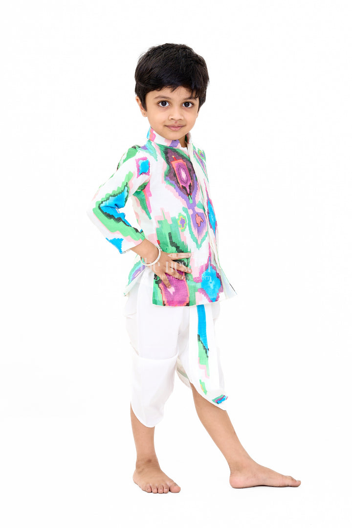 Boys Multicolored Dhoti Kurti Set in Muslin Silk with Vibrant Design