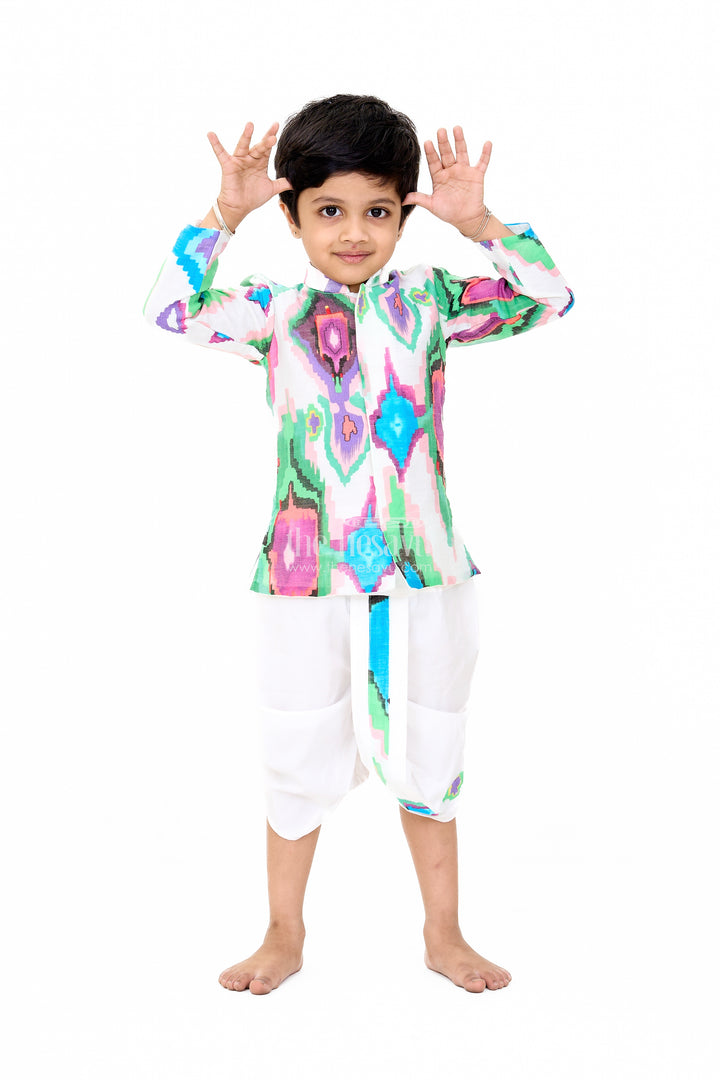 Boys Multicolored Dhoti Kurti Set in Muslin Silk with Vibrant Design