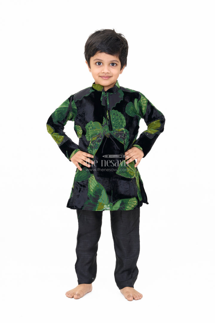 Boys Black Velvet Brazzo Casual Shirt with Butterfly Print and Stylish Pants