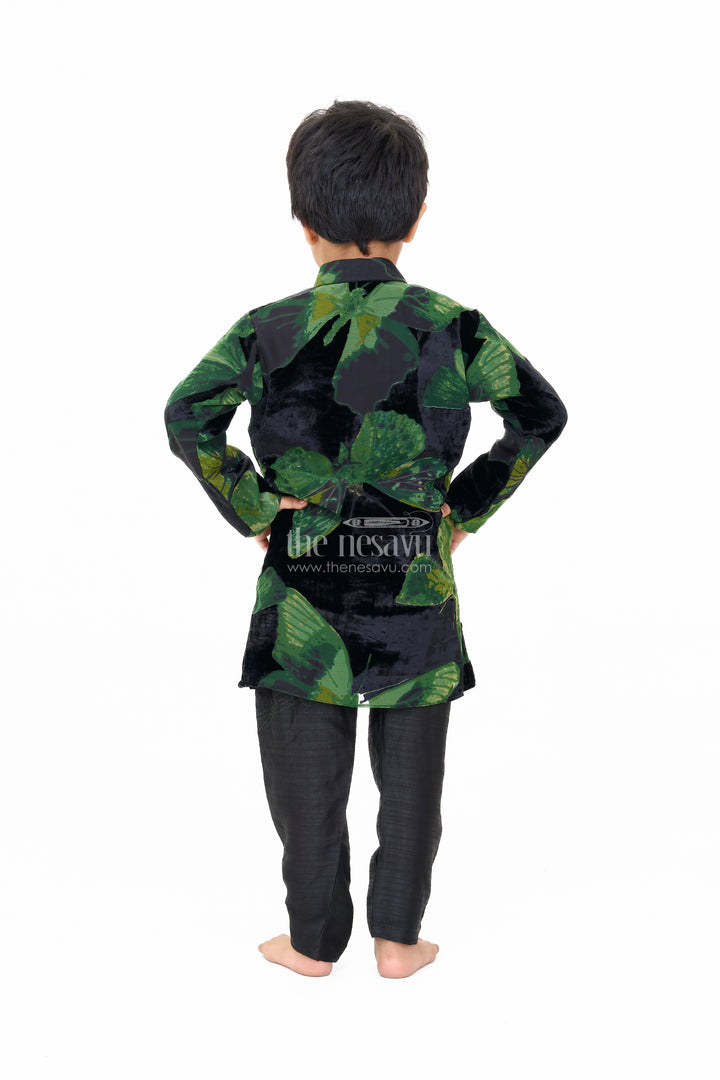 Boys Black Velvet Brazzo Casual Shirt with Butterfly Print and Stylish Pants