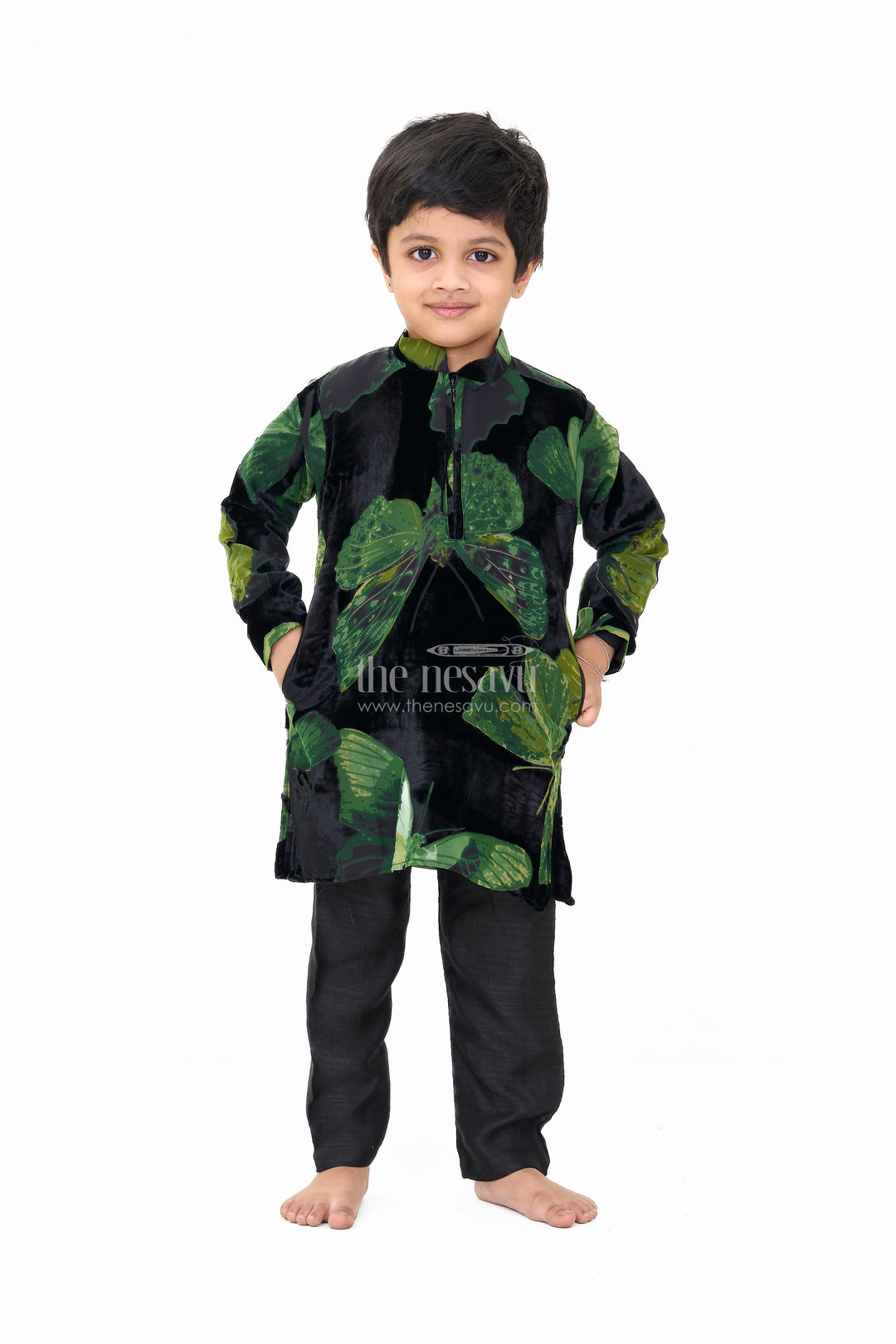 Boys Black Velvet Brazzo Casual Shirt with Butterfly Print and Stylish Pants