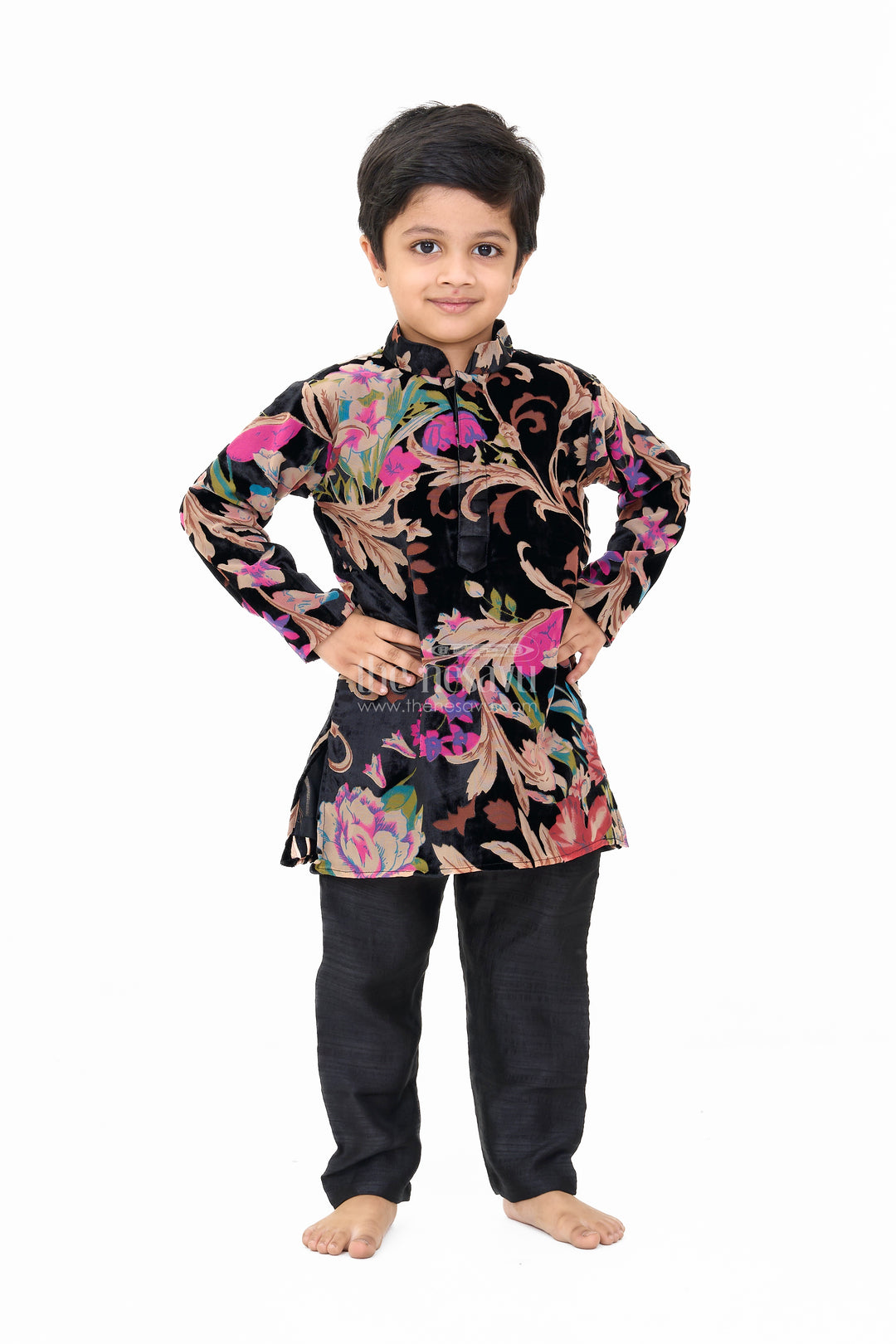 Boys Black Velvet Brazzo Casual Wear with Floral Print and Comfortable Pants