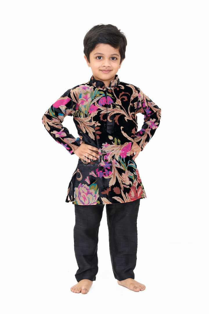 Boys Black Velvet Brazzo Casual Wear with Floral Print and Comfortable Pants