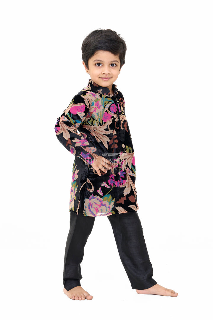 Boys Black Velvet Brazzo Casual Wear with Floral Print and Comfortable Pants
