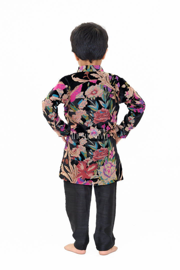Boys Black Velvet Brazzo Casual Wear with Floral Print and Comfortable Pants