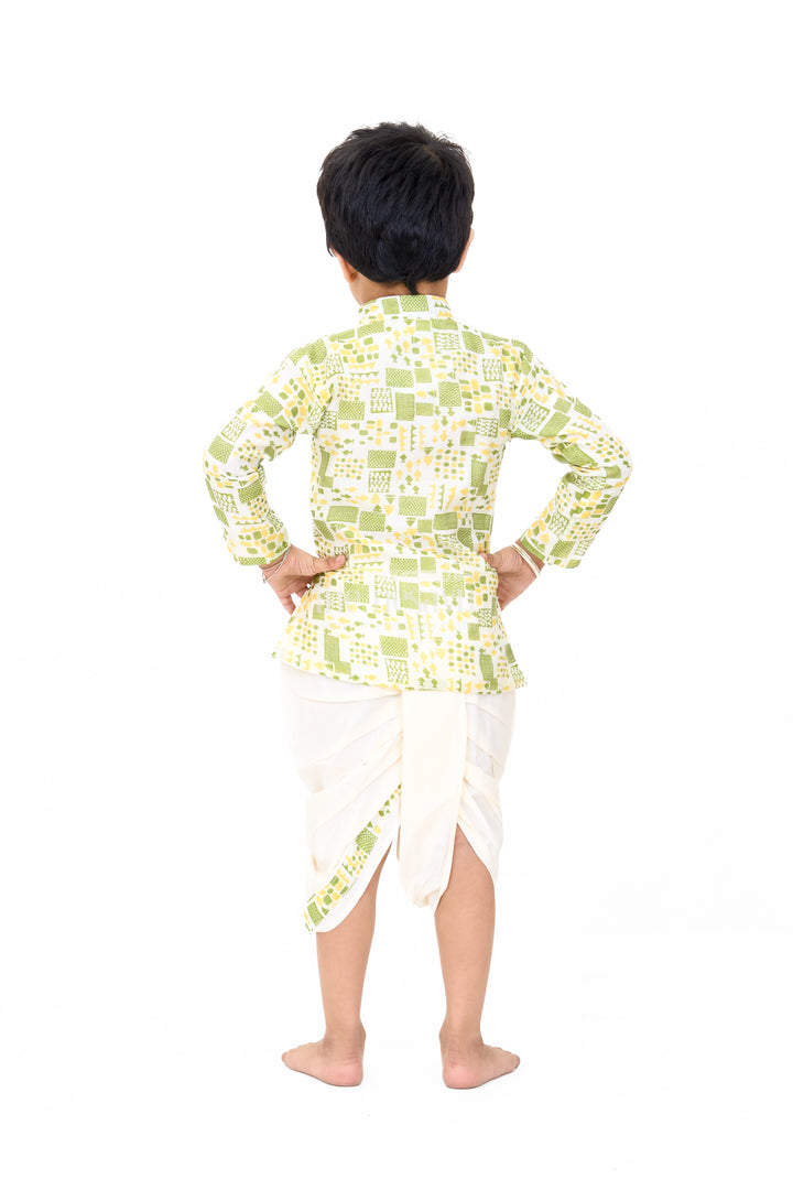 Boys Green Printed Dhoti and Shirt Set with Classic Mandarin Collar