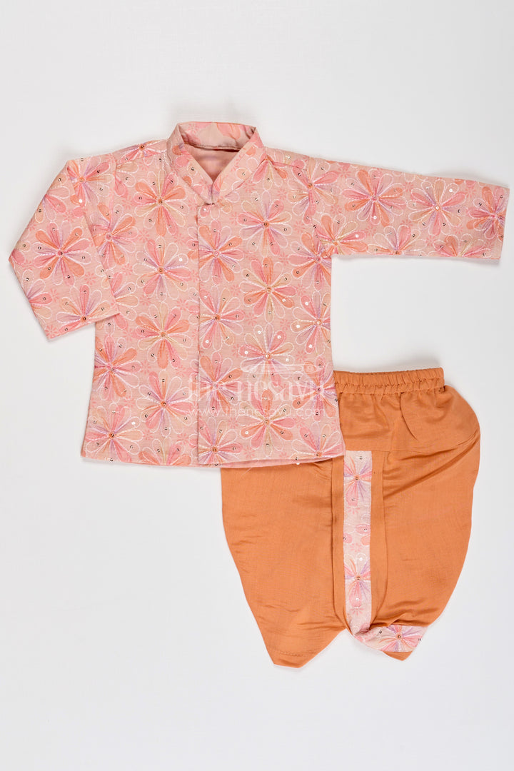 Boys Best Dhoti Kurta Design in Floral Embroidered Cotton Blend with Mandarin Collar and Rust Dhoti