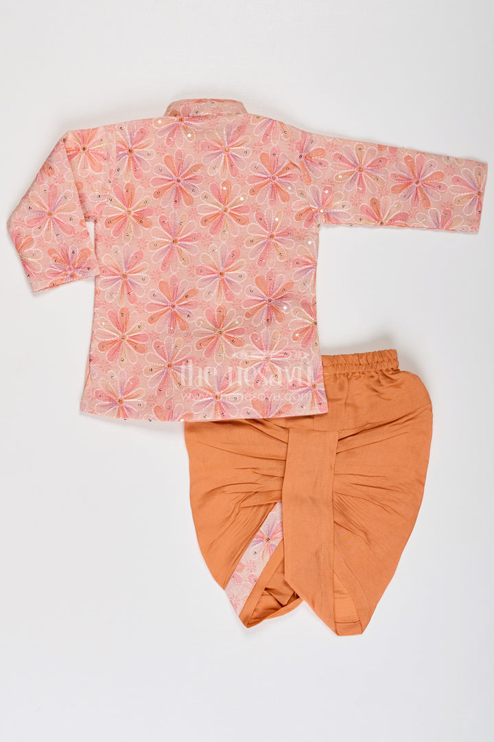 Boys Best Dhoti Kurta Design in Floral Embroidered Cotton Blend with Mandarin Collar and Rust Dhoti