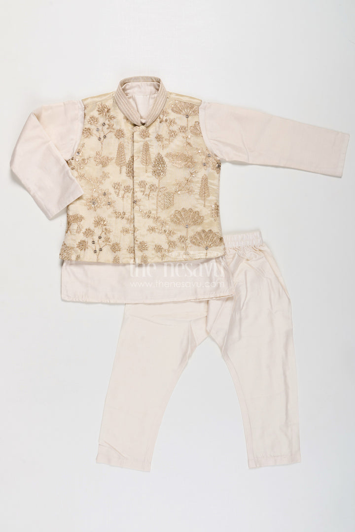 Boys Cream Kurta Set with Embroidered Jacket and Straight Pants for Festive Wear