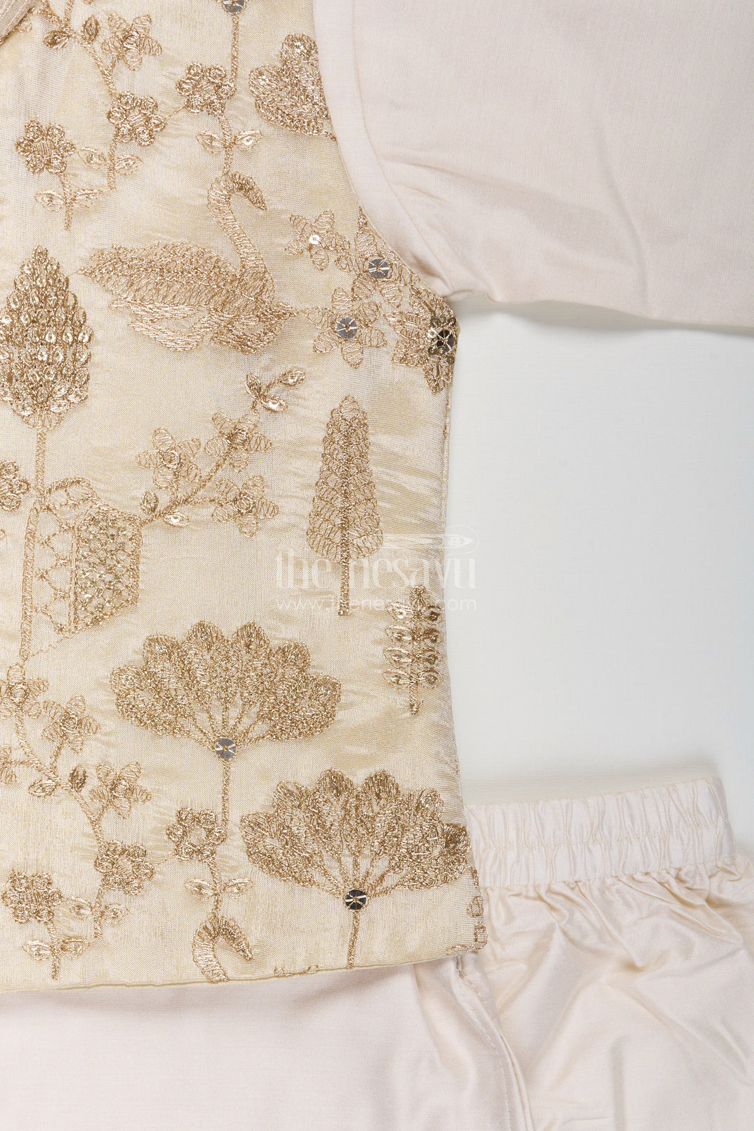 Boys Cream Kurta Set with Embroidered Jacket and Straight Pants for Festive Wear