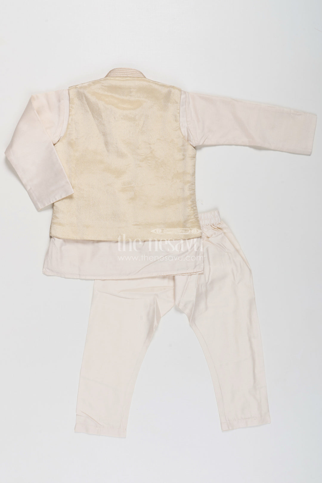 Boys Cream Kurta Set with Embroidered Jacket and Straight Pants for Festive Wear