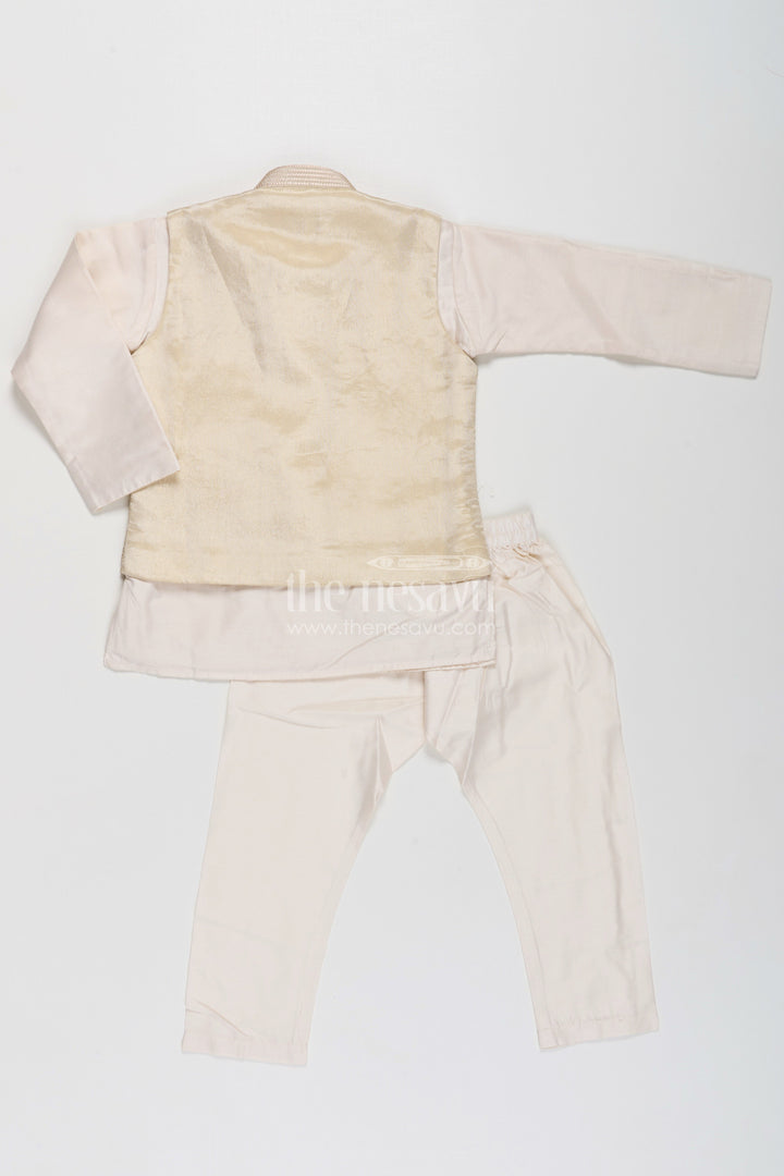Boys Cream Kurta Set with Embroidered Jacket and Straight Pants for Festive Wear