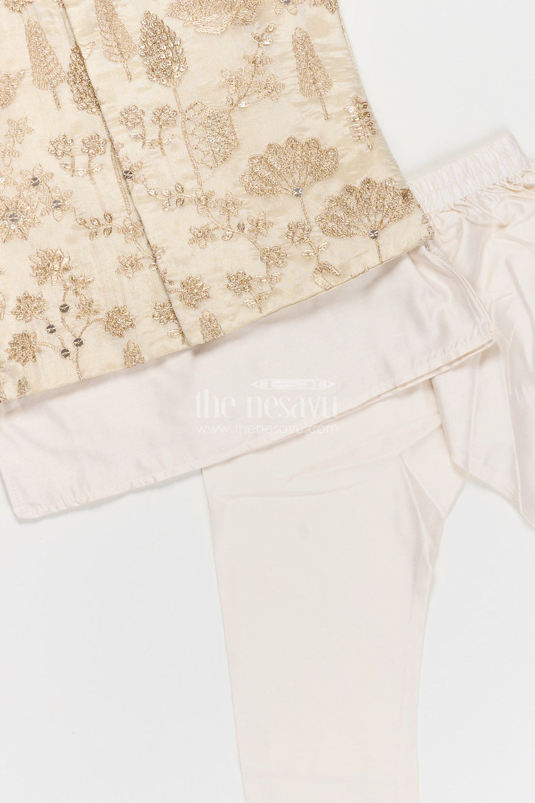 Boys Cream Kurta Set with Embroidered Jacket and Straight Pants for Festive Wear