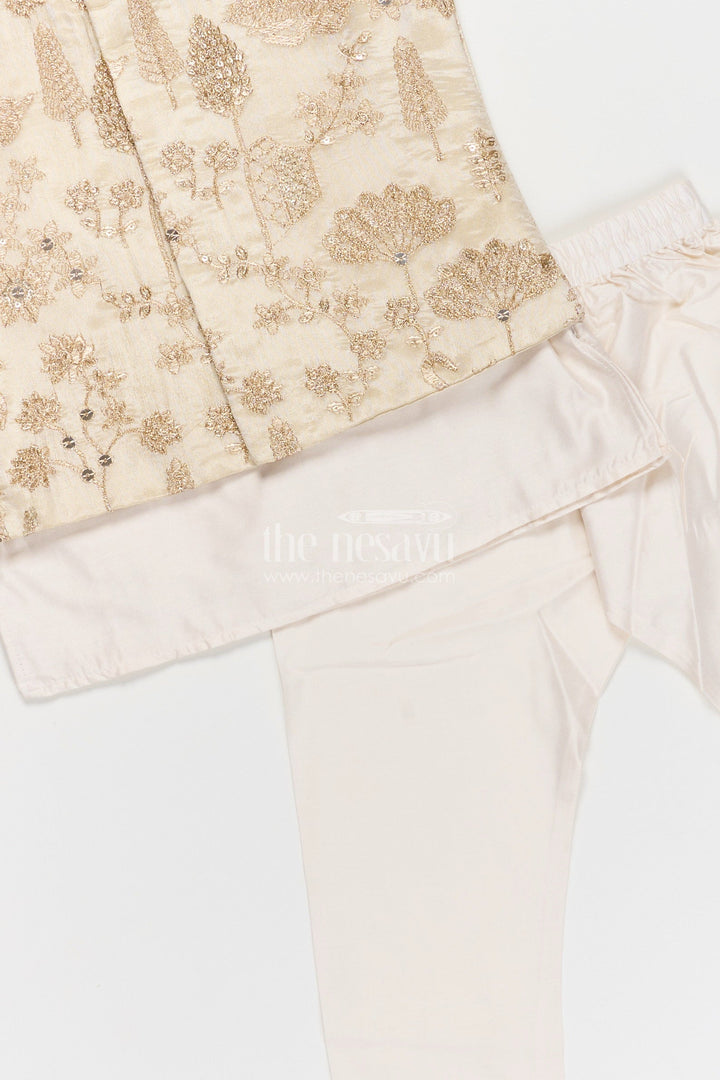 Boys Cream Kurta Set with Embroidered Jacket and Straight Pants for Festive Wear