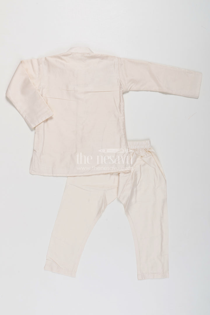 Boys Cream Kurta Set with Embroidered Jacket and Straight Pants for Festive Wear