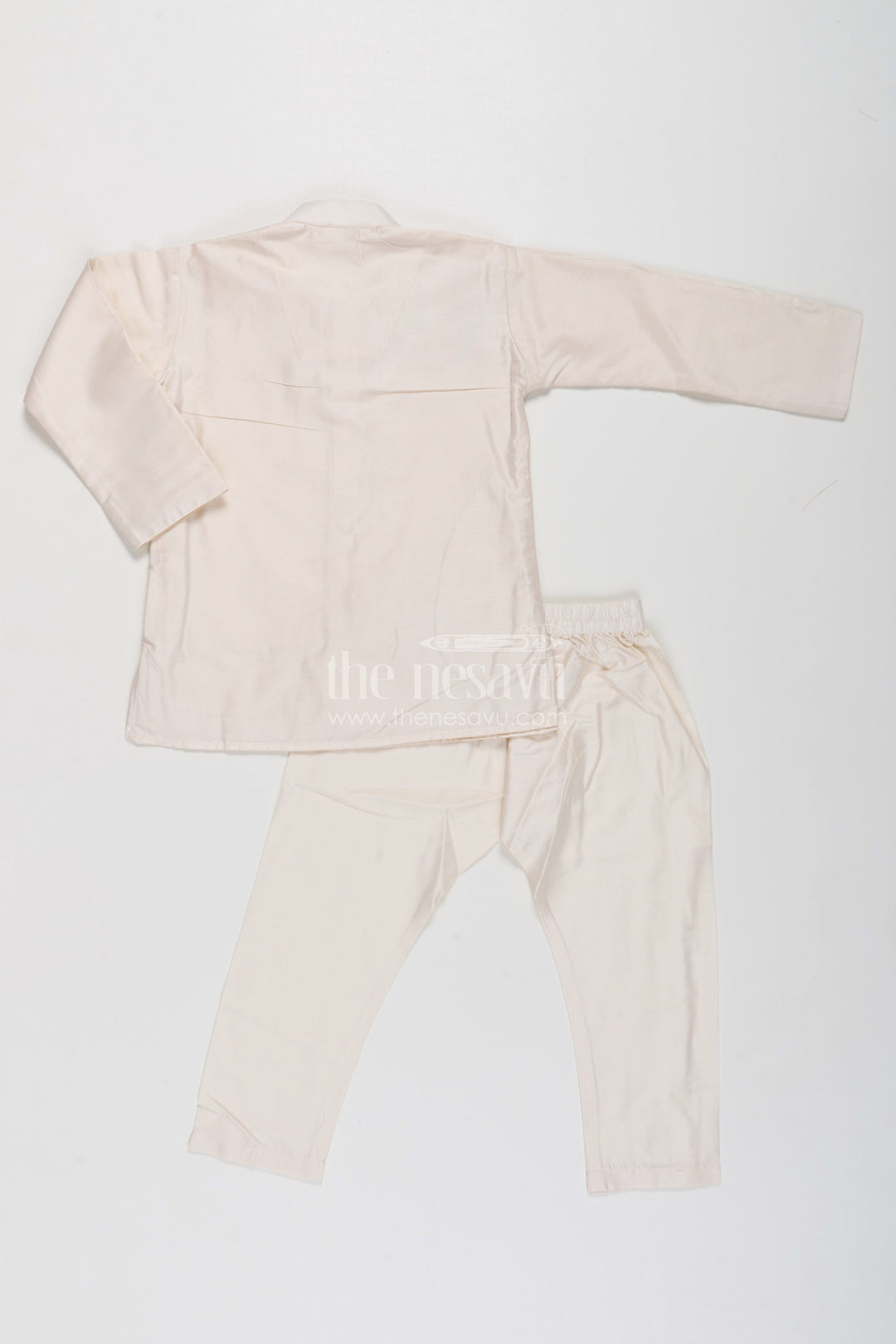 Boys Cream Kurta Set with Embroidered Jacket and Straight Pants for Festive Wear
