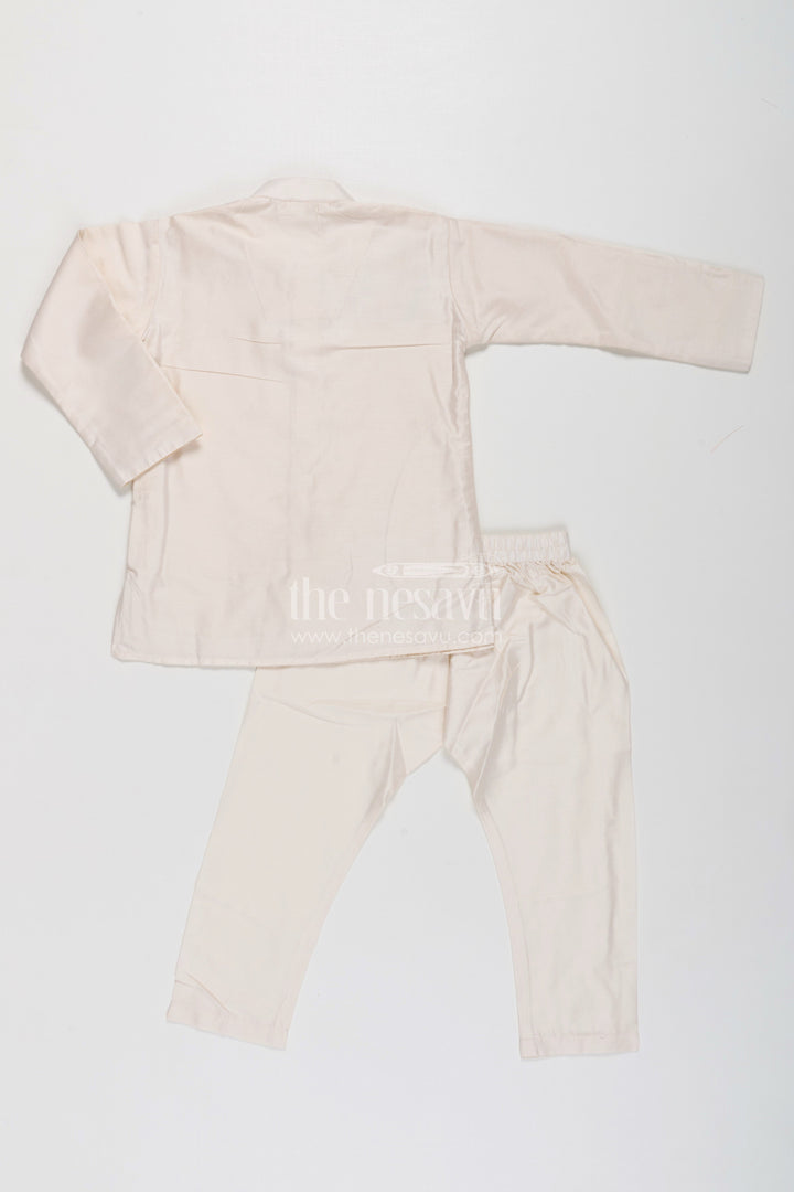 Boys Cream Kurta Set with Embroidered Jacket and Straight Pants for Festive Wear