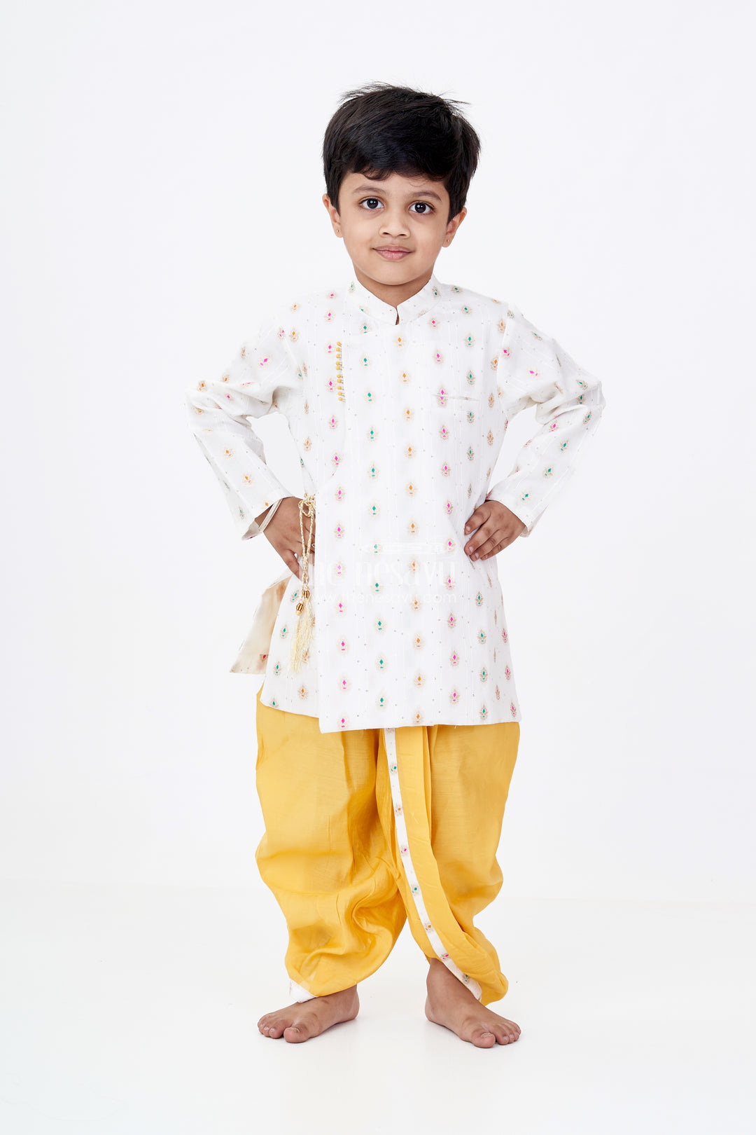 Boys Traditional Dhoti Kurta in White and Yellow with Embroidered Silk Jacket