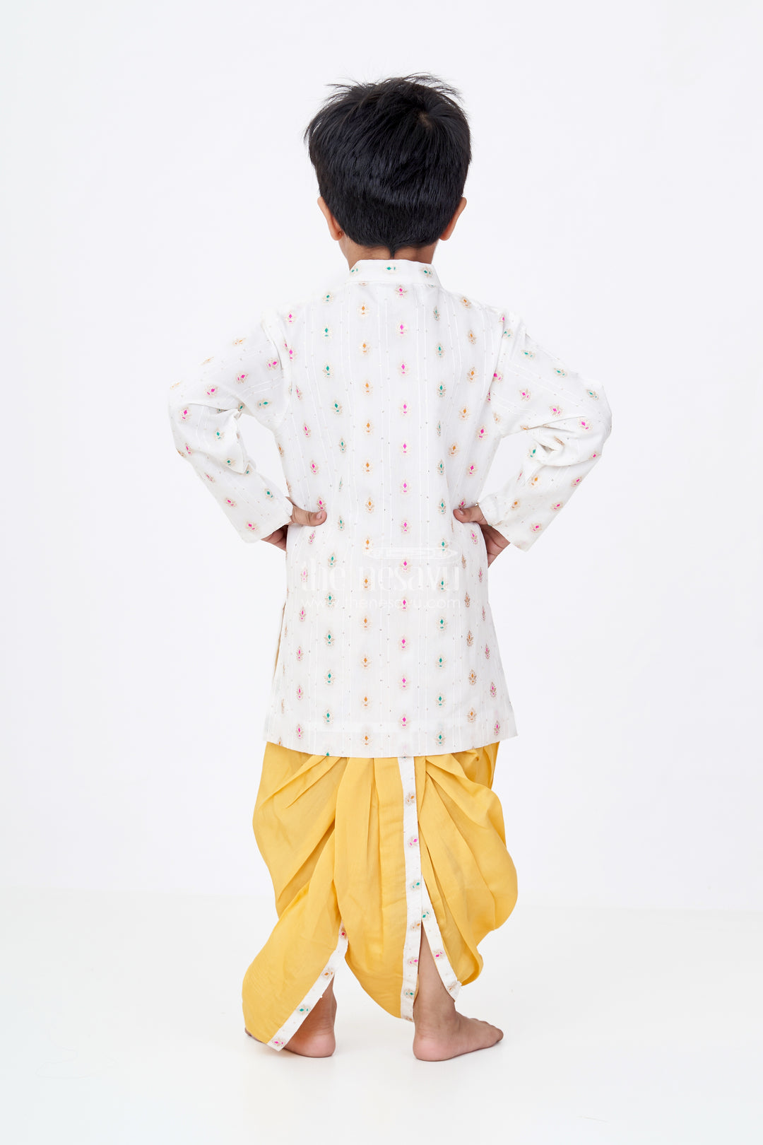 Boys Traditional Dhoti Kurta in White and Yellow with Embroidered Silk Jacket