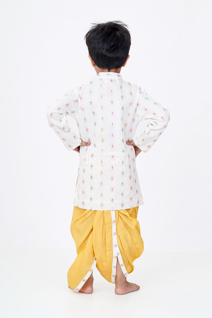 Boys Traditional Dhoti Kurta in White and Yellow with Embroidered Silk Jacket