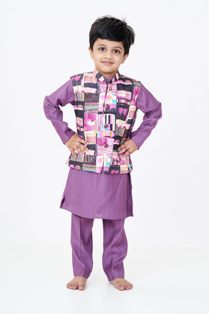 Boys Modi Jacket and Kurta Set in Purple Muslin Silk with Digital Printed Waistcoat