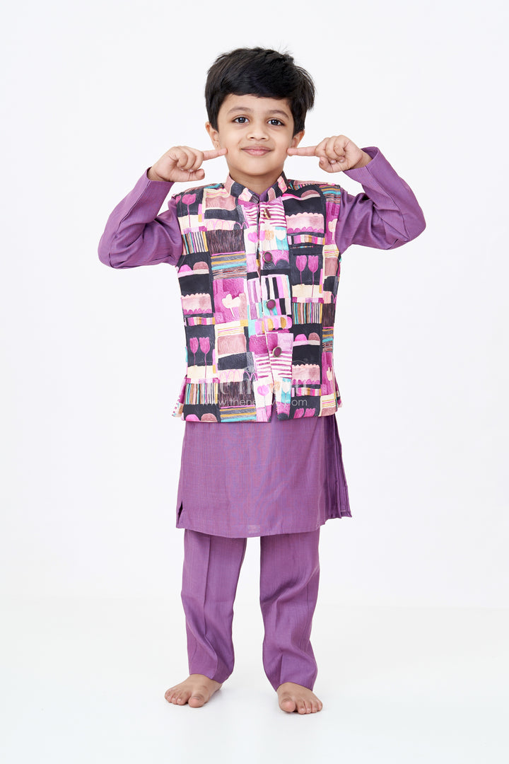 Boys Modi Jacket and Kurta Set in Purple Muslin Silk with Digital Printed Waistcoat