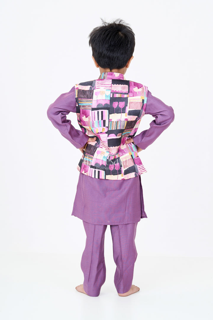 Boys Modi Jacket and Kurta Set in Purple Muslin Silk with Digital Printed Waistcoat
